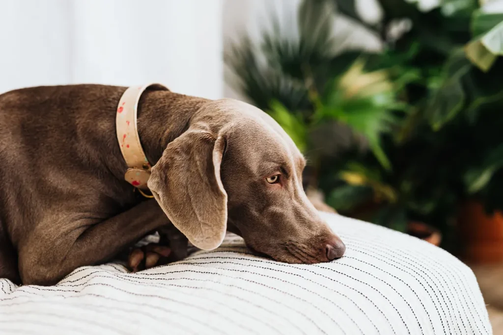 Cachorro com dor de barriga e expressão triste