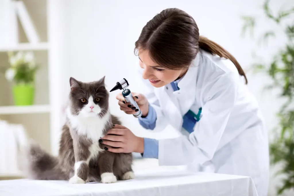 Médica veterinária realizando exame em gato